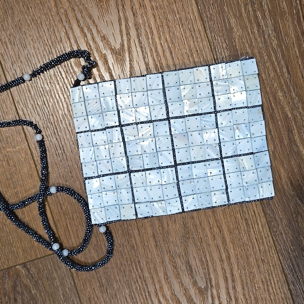 WHITE AND BLUE MOTHER OF PEARL TILE BEADED CROSSBODY.. #6760